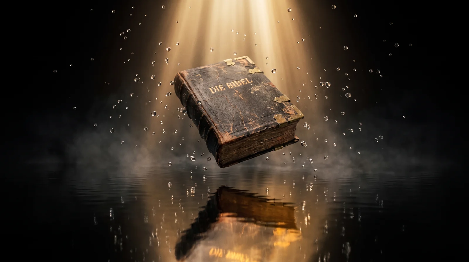 Die Bibel, schwebend im Lichtstrahl über dem Wasser, umgeben von Wassertropfen