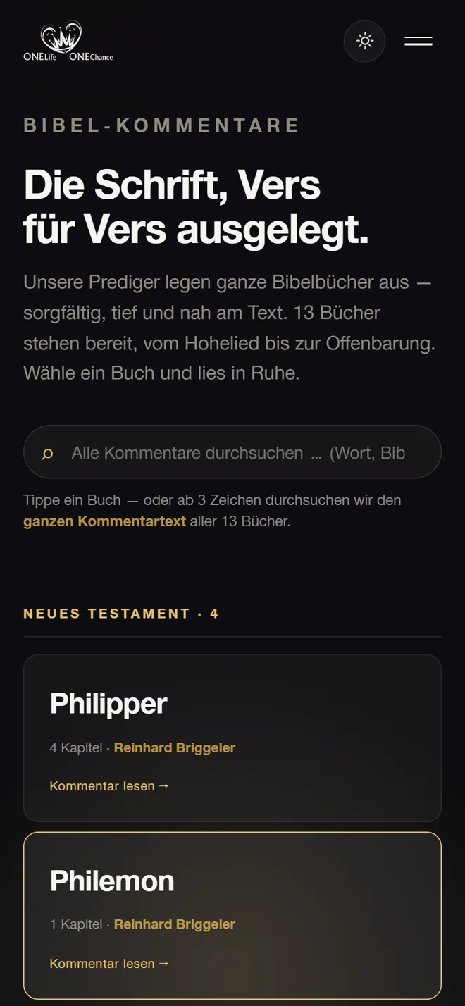 Bibel-Kommentare auf onelife-onechance.org — die Schrift Vers für Vers ausgelegt