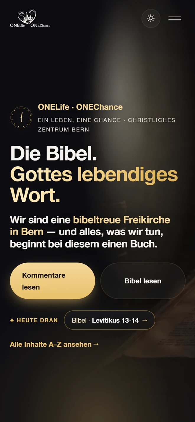 Screenshot der Website onelife-onechance.org — die Bibel zum Lesen und ausführliche Kommentare