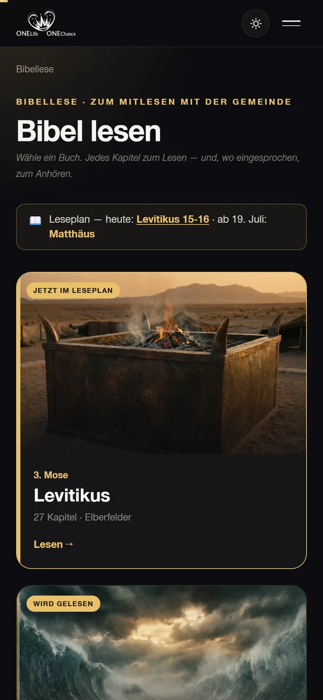 Screenshot: Bibel-Reader mit Leseplan-Banner und «Jetzt im Leseplan»-Markierung auf ONELife