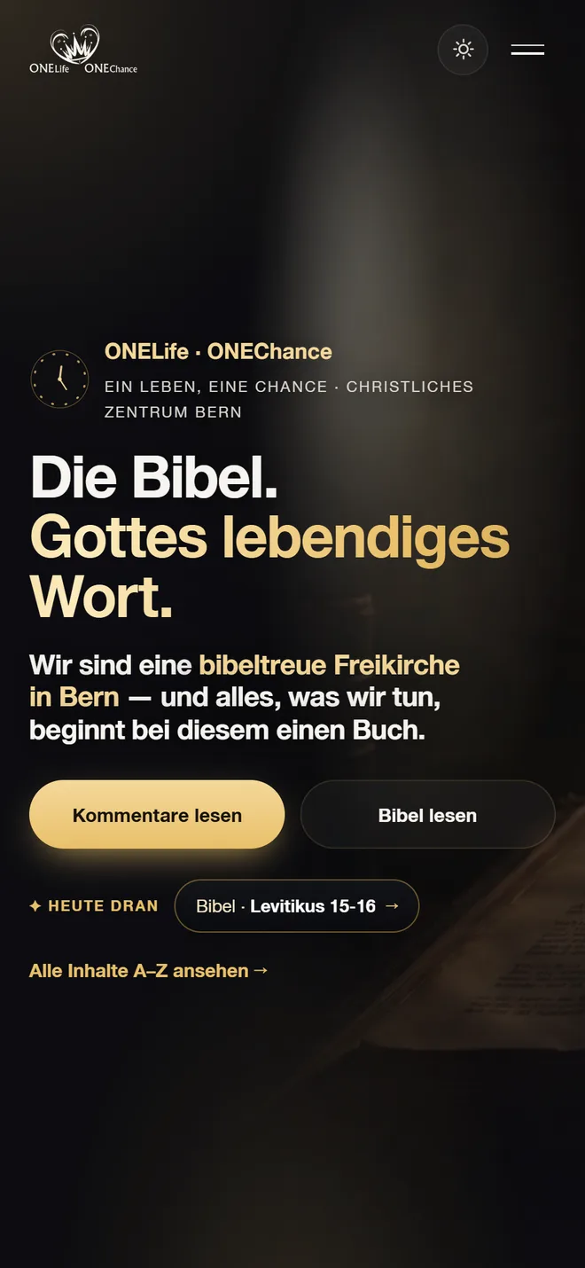 Screenshot: Startseite von onelife-onechance.org — «Die Bibel. Gottes lebendiges Wort.»