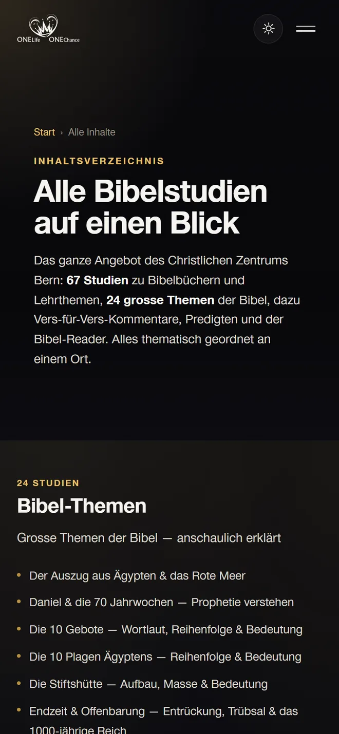 Screenshot: Inhaltsverzeichnis A–Z mit allen Bibelstudien und Themen auf ONELife